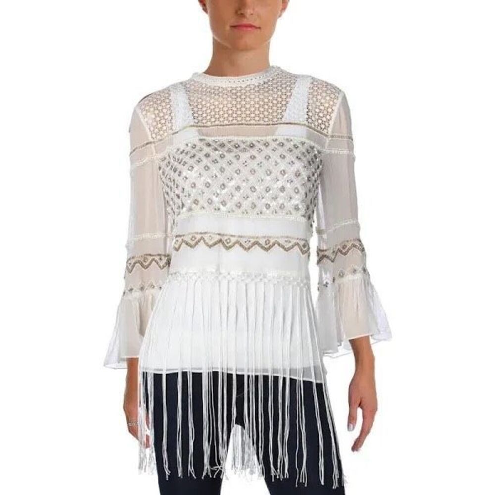 Elie Tahari Aislin Beaded Fringe-Hem Silk Tunic Blouse Size XS